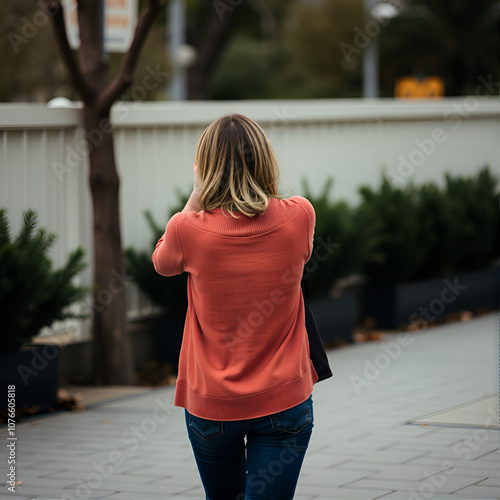 back view of depressed woman who fights sadness by drinking walking staggering photo