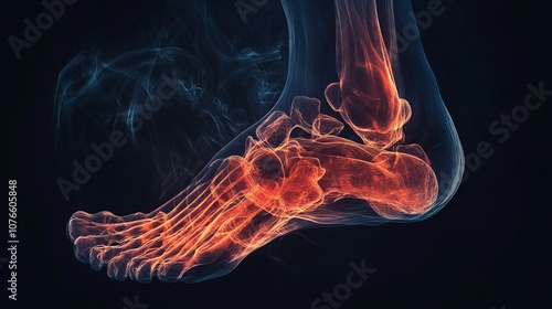 An X-ray image of a foot showing areas of pain, set against a black background.