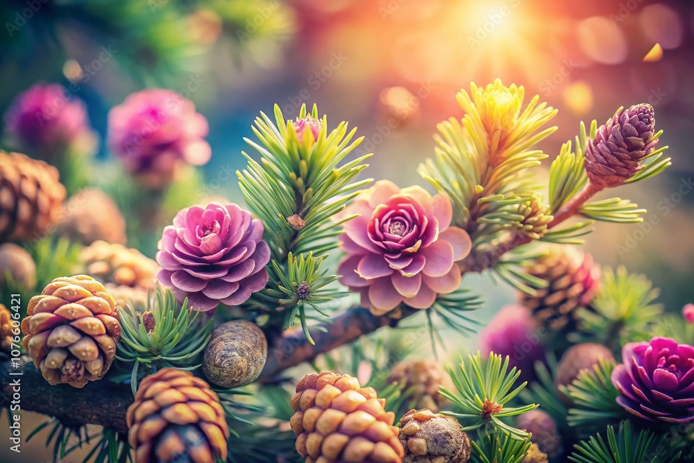Obraz premium Vintage Style Photography of Slow Motion Video Capturing Young Pine Cones and Spring Pine Blossoms, Showcasing Nature's Beauty and Delicate Details in a Serene Setting