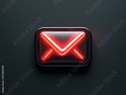 Stylish red neon email icon glowing on a dark background, representing digital communication.