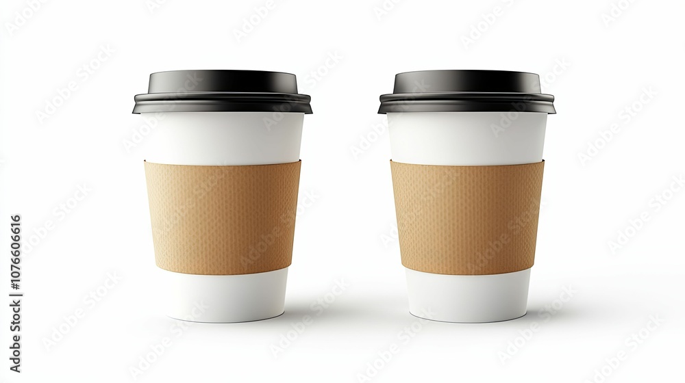 Two Blank Coffee Cups with Cardboard Sleeves Two Blank Coffee Cups with Cardboard Sleeves