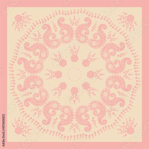 Pink scarf or bandana design with paisley mandala pattern and floral elements. Ethnic monochrome carpet design.