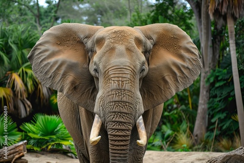 Large african elephant is standing with its big ears spread out wide in a lush green jungle environment photo