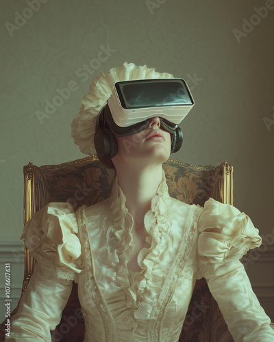 A Rococo-style portrait of an aristocratic woman wearing virtual reality glasses and headphones, sitting on a chair in white and beige colors. photo