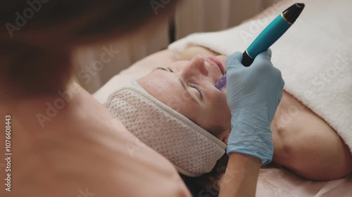 Expert cosmetologist uses a derma pen for facial microneedling therapy on a relaxed client lying down in a wellness spa. photo