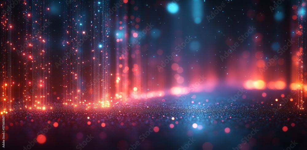 The background features glowing dots floating on a digital landscape and a wave wireframe above. The background features glowing dots floating on a digital landscape and a wave wireframe above.