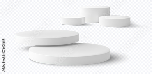 Vector illustration of minimalist white pedestal platforms, ideal for product presentation, display setups, and promotional content. Perfect for themes of branding, marketing, and clean design