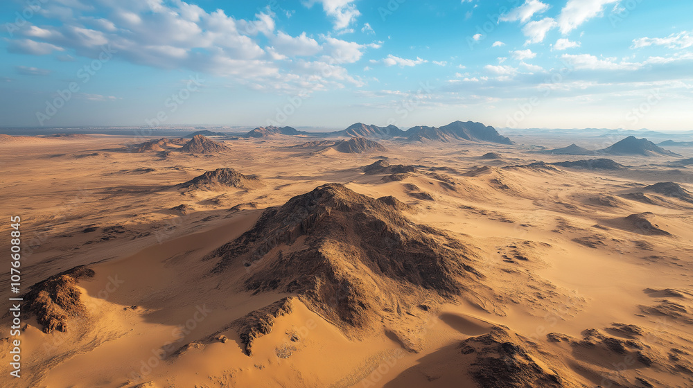 Fototapeta premium Aerial view of a vast desert with sweeping sand dunes and occasional rocky outcrops creating an otherworldly landscape