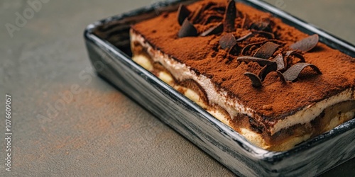 Classic tiramisu dessert topped with cocoa powder and chocolate shavings