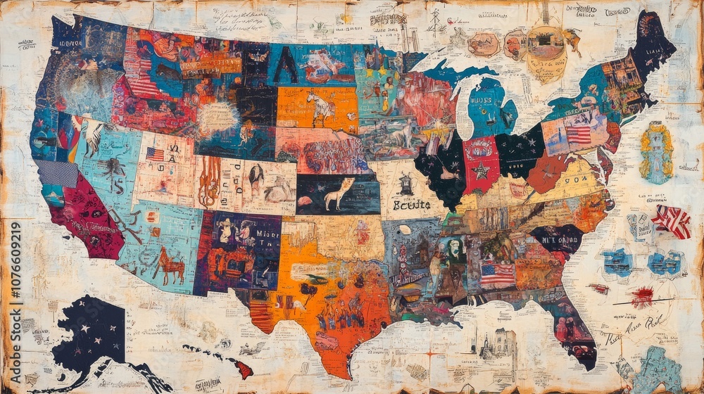 Naklejka premium The detailed map of the United States features each state represented in bright colors, illustrating the geographical diversity of the country.