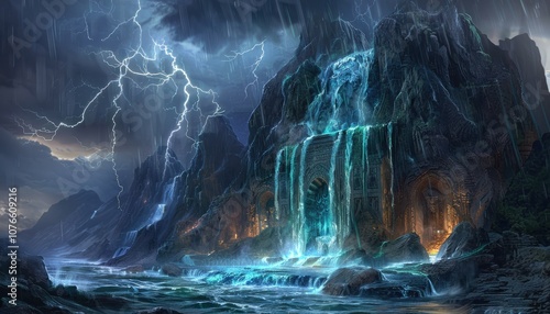 A Stormy Seascape with a Mystical Waterfall and Ancient Ruins