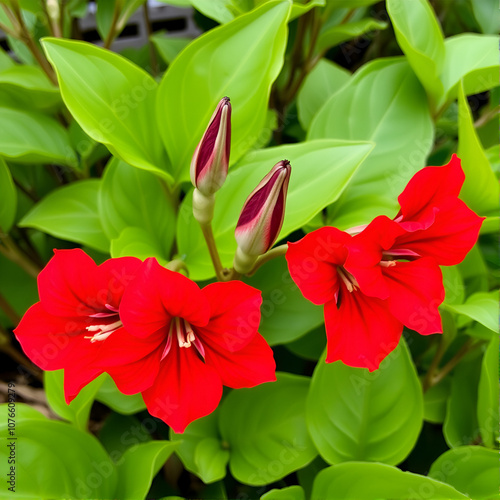 Vibrant red gloxinia flowers bloom amidst lush fresh green leaves, with two buds waiting to unfurl, creating a stunning contrast of colors and textures in nature. photo