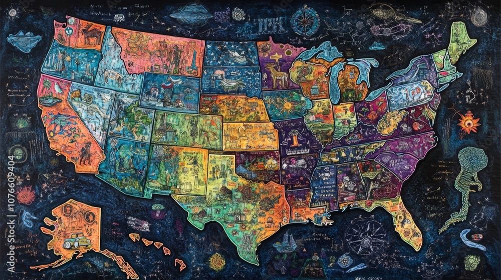 Fototapeta premium A vibrant and detailed map of the United States showcasing each state in distinctive colors, emphasizing its unique geography and borders.