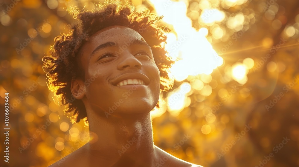 A young man smiles happily at the sunset. A young man smiles happily at the sunset.