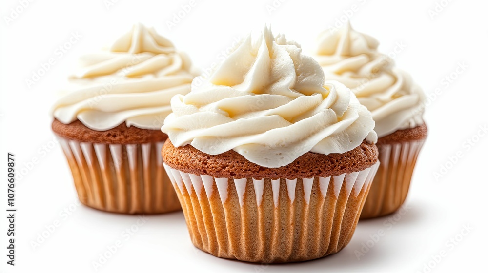 Three Vanilla Frosted Cupcakes on a White Background Three Vanilla Frosted Cupcakes on a White Background