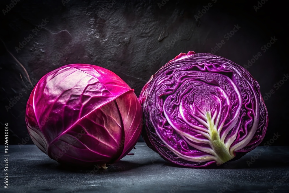 Obraz premium Whole Red Cabbage and Half-Cut Cabbage on Shiny Black Surface, Fresh Organic Vegetables for Healthy Eating and Cooking Inspiration, Perfect for Food Photography and Culinary Arts