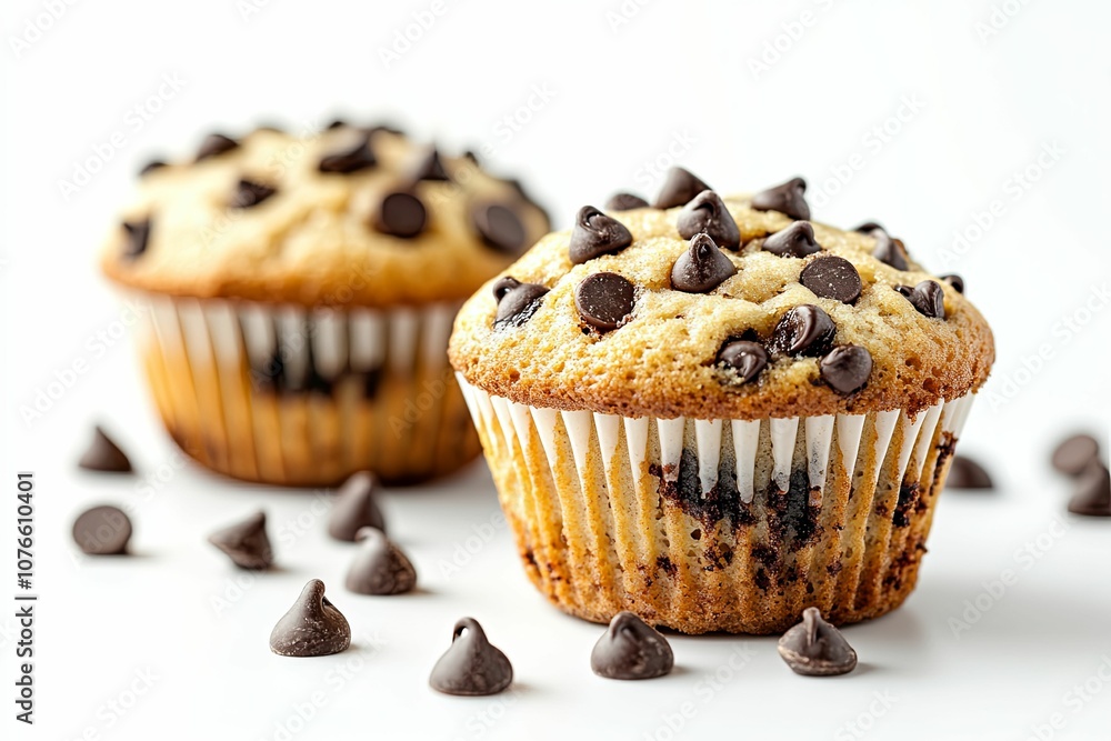 Close-up of Chocolate Chip Muffins with Scattered Chocolate Chips Close-up of Chocolate Chip Muffins with Scattered Chocolate Chips