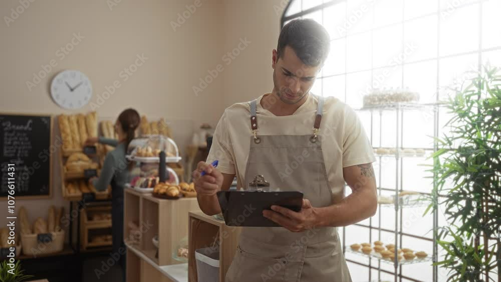 Man and woman working together in bakery, with man holding clipboard and woman arranging bread, in indoor shop setting with shelves of bakery products in background Man and woman working together in bakery, with man holding clipboard and woman arranging bread, in indoor shop setting with shelves of bakery products in background
