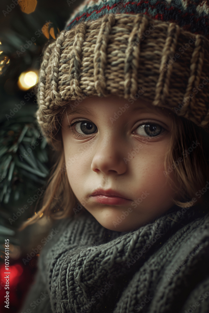Sad and miserable little girl, child in winter clothes on Christmas background. Concept of poverty, loneliness, health problems, orphanhood and depression in children. Sad and miserable little girl, child in winter clothes on Christmas background. Concept of poverty, loneliness, health problems, orphanhood and depression in children.