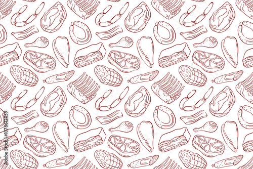 Seamless meat pattern with various cuts and types in line art style. Perfect for butcher shop design, culinary project or background in food related illustration.