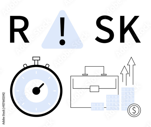 Risk concept with R K exclamation mark and triangle. Clock for time management briefcase for business, graphs for growth. Ideal for finance, business, management, investment, strategy, planning