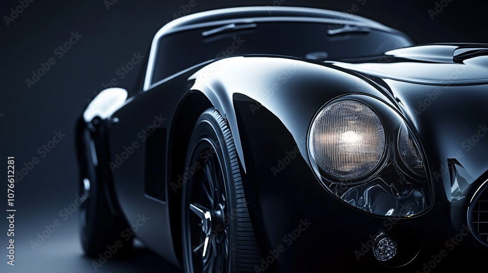 Close-Up of Brandless Coupe's Front Right Side with Elegant Headlights on Black Fade Background Close-Up of Brandless Coupe's Front Right Side with Elegant Headlights on Black Fade Background