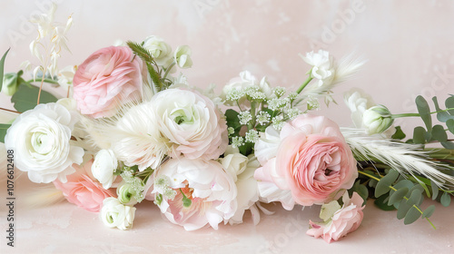 Pastel Bouquet of Ranunculus and Roses with Dried Flowers