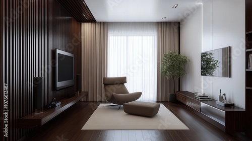 Wallpaper Mural Modern living room with minimalistic design featuring a stylish lounge chair and natural light Torontodigital.ca