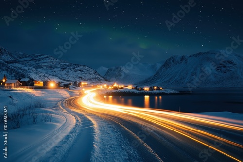 Light trails illuminating snowy road at night in lofoten islands, norway photo