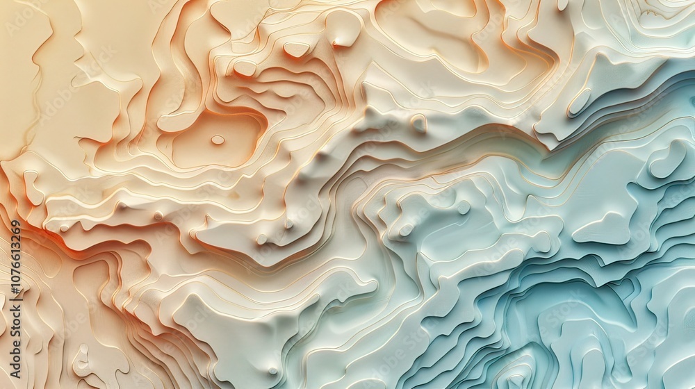 Modern stylized topographic elevation map with flowing curves and soft shadows, in pastel shades. Modern stylized topographic elevation map with flowing curves and soft shadows, in pastel shades.