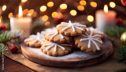 Delicious homemade Christmas cookies decorated with white icing and candles and Christmas lights in the background.