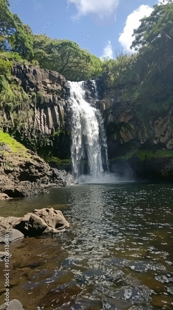 Fototapeta premium The serene beauty of a cascading waterfall in a dense jungle setting, where nature's music and lush foliage create a tranquil haven.