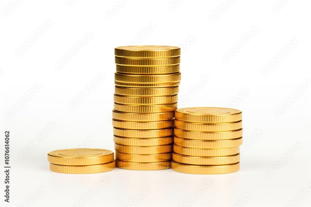 Golden coins stacks gold money white background. Golden coins stacks gold money white background.
