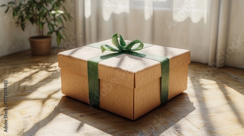 A wrapped gift box with a green ribbon sits on a wooden floor.