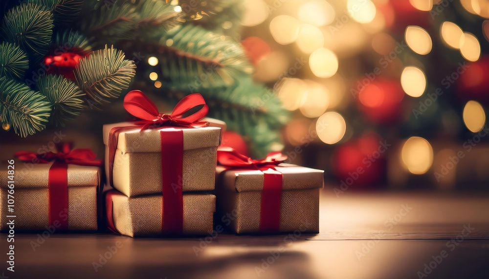 stack of wrapped Christmas presents with red ribbons under a decorated Christmas tree. The background is blurred with warm, golden lights. stack of wrapped Christmas presents with red ribbons under a decorated Christmas tree. The background is blurred with warm, golden lights.