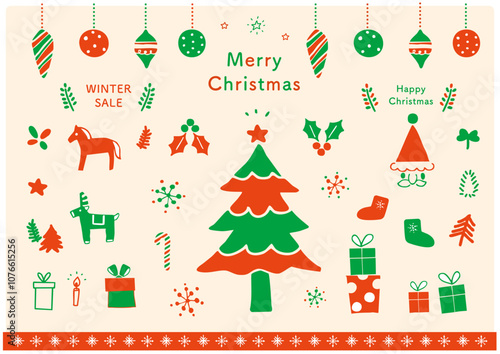 クリスマス手描きアイコンセット北欧風　ナチュラル背景　赤グリーンのコンビ
