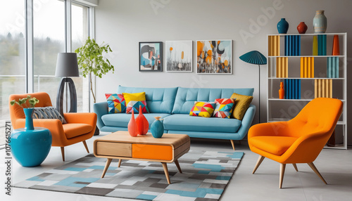 Wallpaper Mural Modern Living Room Interior Design with Blue Sofa Orange Armchairs and Geometric Pillows Torontodigital.ca