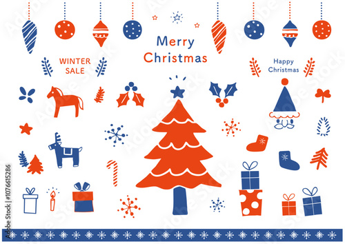 クリスマス手描きアイコンセット北欧風　白背景　赤ブルーのコンビ