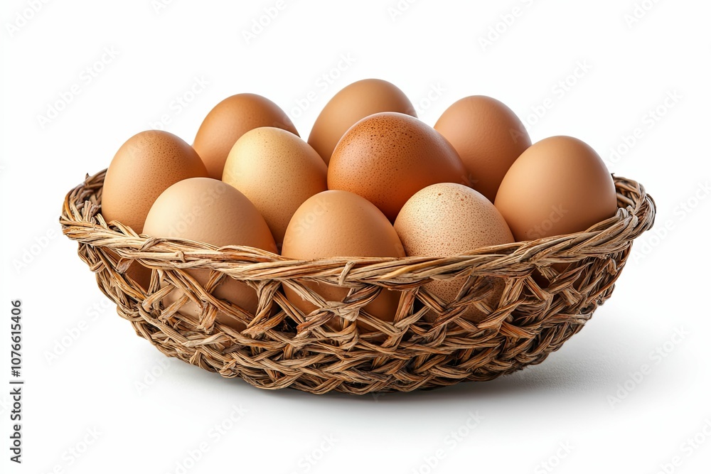 Brown Eggs in a Wicker Basket on a White Background Brown Eggs in a Wicker Basket on a White Background