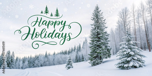 Happy Holidays in Classic Green Calligraphy on Winter Trees Background Banner