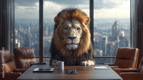 Lion sitting in boardroom posing for business portrait photo