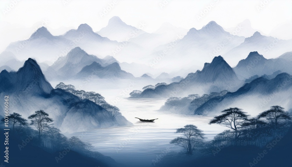 Oriental painting of misty oriental mountains and rivers Oriental painting of misty oriental mountains and rivers