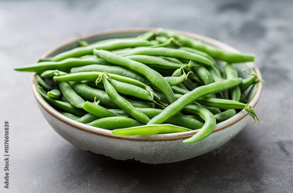 Fresh green beans piled in bowl on gray background Fresh green beans piled in bowl on gray background