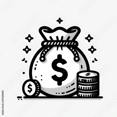 Money bag with dollar sign and coins. Black and white illustration.