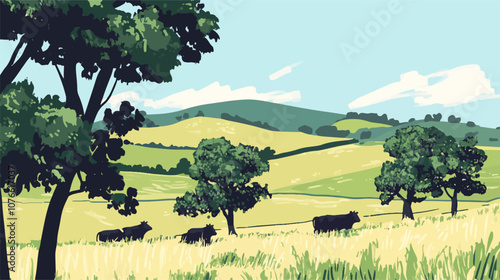A peaceful countryside illustration featuring rolling hills, scattered trees, and grazing cattle under a bright sky. The pastoral scene evokes a serene and rustic charm