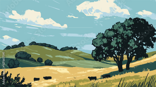  A peaceful countryside landscape featuring rolling green hills, a lone tree, and grazing cattle under a blue sky with scattered clouds. The scene evokes a calm, pastoral setting