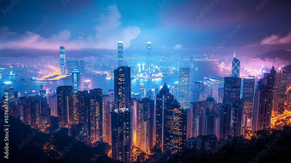 Fototapeta premium Majestic Cityscape Overlooking Skyline with Towering Skyscrapers and Coastal Horizon