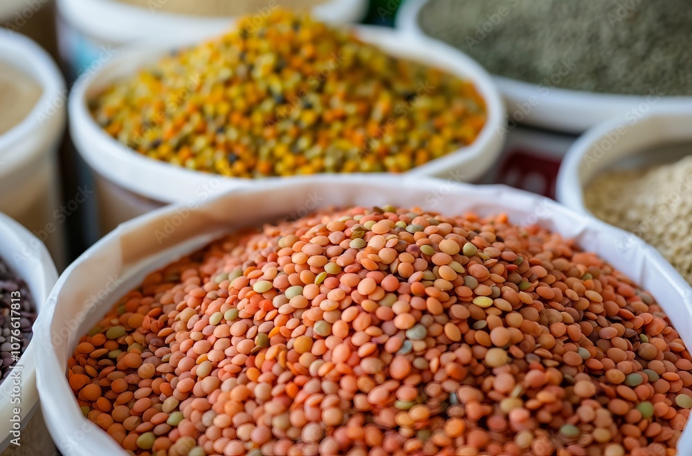 Red lentils filling a white bucket at the market surrounded by other legumes Red lentils filling a white bucket at the market surrounded by other legumes
