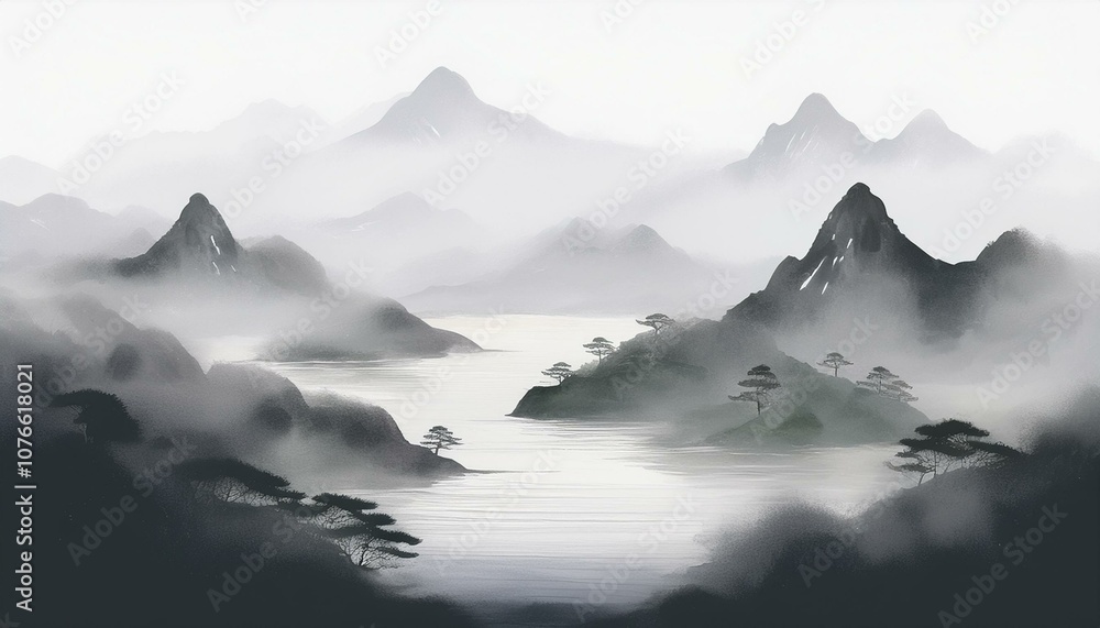 Oriental painting of misty oriental mountains and rivers Oriental painting of misty oriental mountains and rivers