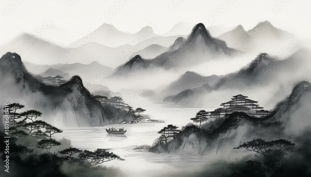 Fototapeta premium Oriental painting of misty oriental mountains and rivers